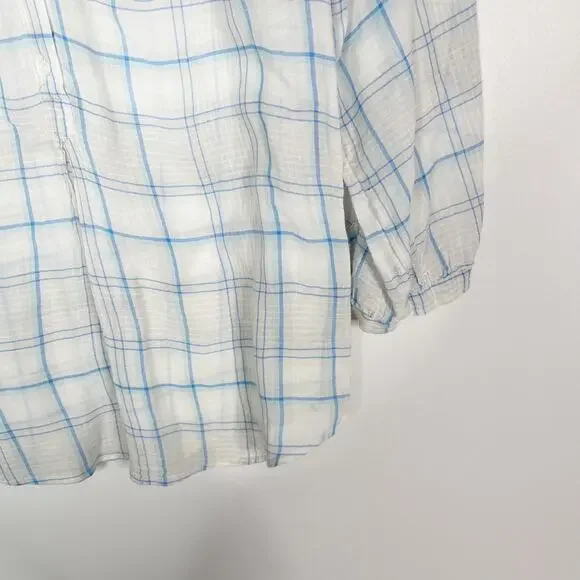 Joie S Ivory Blue Selima Plaid 3/4 Sleeve Blouse Top Split VNeck Button Cotton - Picture 4 of 11